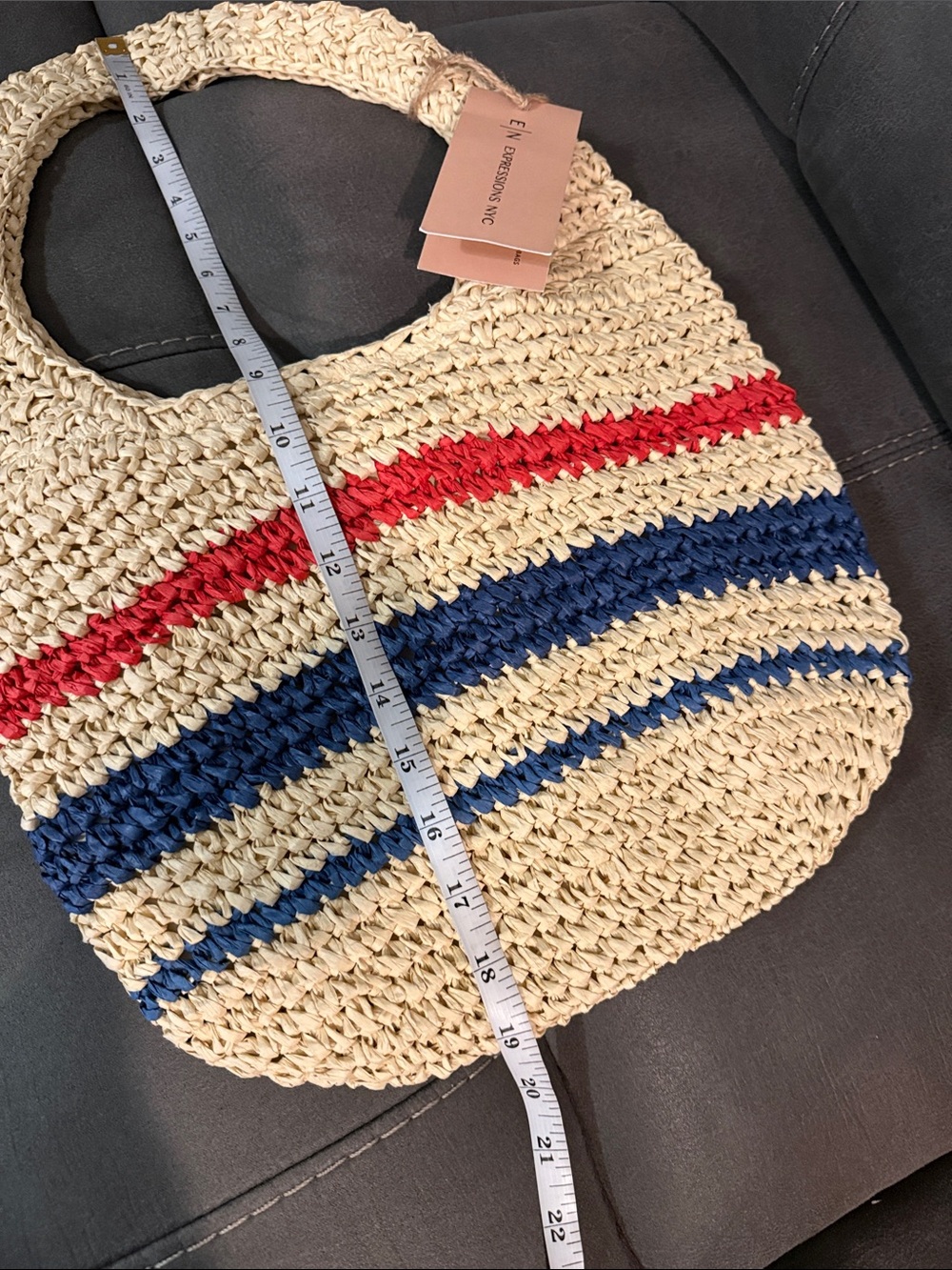 Woven Cream Shoulder Bag with Red and Blue Stripes - Picture 3 of 6